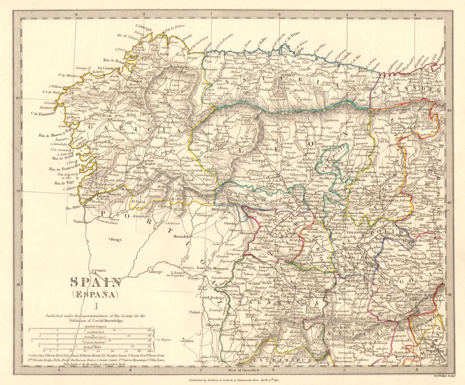 SPAIN NW. Galicia Leon Asturias Zamora Palencia Toro Salamanca. SDUK 1848 map